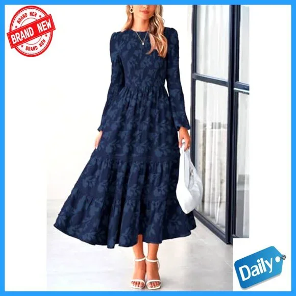Long Sleeve Smocked Midi Dress Elegant Boho Flowy Wedding Guest Fall